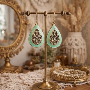 Elegant Filigree Goldtone & Turquoise Green Enamel Teardrop Earrings - Pre-loved